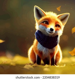 Animated Illustration Of A Cute Fox, Animated Baby Fox Portrait.