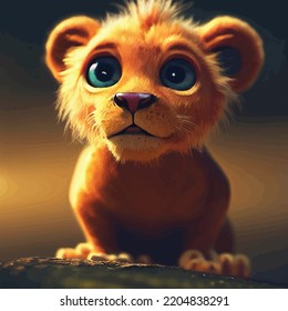 Animated Illustration Of A Cute Lion, Animated Baby Lion Portrait.