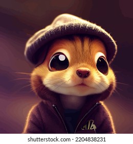 Animated Illustration Of A Cute Squirrel, Animated Squirrel Portrait.