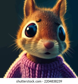 Animated Illustration Of A Cute Squirrel, Animated Squirrel Portrait.