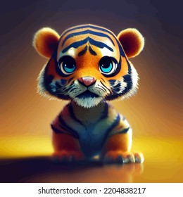 Animated Illustration Of A Cute Tiger, Animated Baby Tiger Portrait.