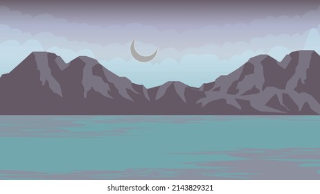 Animated Lake Landscape View With Moon And Clouds In Sky-high Resolution.