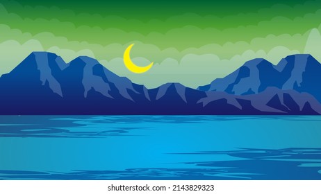 Animated Lake Landscape View With Moon And Clouds In Sky-high Resolution.