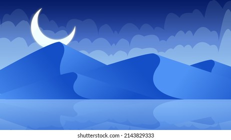 Animated Lake Landscape View With Moon And Clouds In Sky-high Resolution.