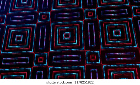 Animated light shining dots square shapes. Bright shining blue and red colored dots (round lights) with 3d camera  movement. Abstract background with dots in space 3d illustration. Neon light effect