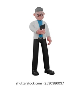 Animated Male Physicist. A male physicist stands holding a cellphone in his left hand. 3D Experimental Scientist - Powered by Shutterstock