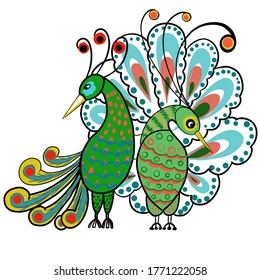animated peacock couple on first dating  bohemian dressed with coronas, shyly turn away heads from each other and lean the torso together 