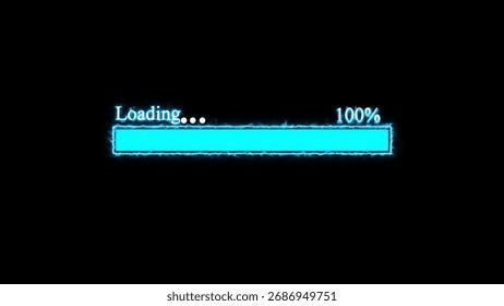 Animated progress bar indicating 100 percent completion of a loading process with a bright glowing blue energy effect set against a dark black background.