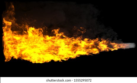 Animated Realistic Streams Of Fire With Black Smoke Similar To A Shot From A Flamethrower, Exhaust From A Rocket Engine Or The Flame Of A Fire-breathing Dragon. 3D Rendering