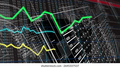 Animating 3D line charts and currency codes on trading dashboard, with numeric codes, grid axes. Analytics, finance, technology, data visualization, digital, investment, blockchain