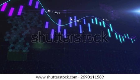 Animating chart showing bars and line on dashboard, with labels over honeycomb and lens flare. Futuristic, digital, analytics, interface, visualization, technology, abstract