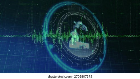 Animating circular HUD with translucent globe and pound symbol on blue grid plane, pulsing waveform. Dashboard, futuristic, neon, analytics, data, visualization, finance