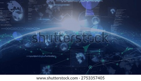Animating digital globe projecting network from low orbit as sunrise, pulsing hex markers. Planet, hud, mesh, dashboard, telemetry, connectivity, cyberspace
