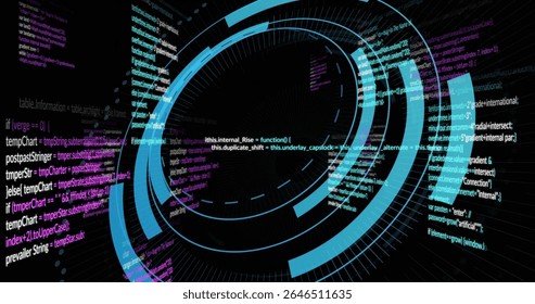 Animating interface with blue arcs and radial indicators showing code snippets and functions. Futuristic, technology, data, visualization, digital, interface, cyber