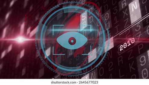 Animating teal reticle scanning on screen, with eye icon, pink scan line, red map, code, 2010. Technology, cybersecurity, digital, data, visualization, surveillance, innovation