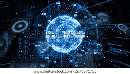 Animating wireframe globe pulsing in cyberspace with UI panels, numeric overlays and code streams. Futuristic, technology, network, data, interface, digital, virtual