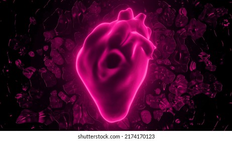 Animation With Beating 3d Heart. Design. Beautiful 3d Animation With Glowing Colored Heart. Neon 3d Heart Beats And Knocks On Black Background