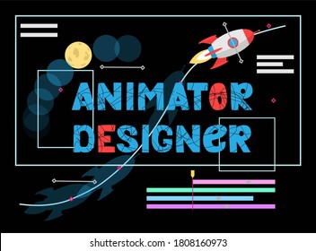 Animation Designer Lettering. Work At New Art Project. Flat Design Concept Motion Graphic, Modeling Artist Job, Video Effect Designer. Illustration With Flying Space Rocket