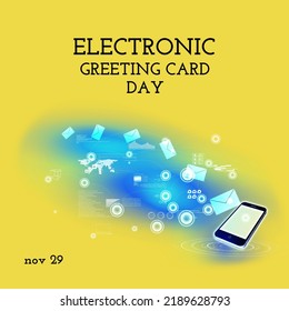 Animation of electronic greeting card day over yellow background with smartphone and icons. Communication, greetings and technology concept. - Powered by Shutterstock