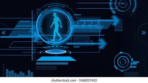 Animation of medical data processing with human model in blue scope scanning on black background. global technology and digital interface concept digitally generated image.