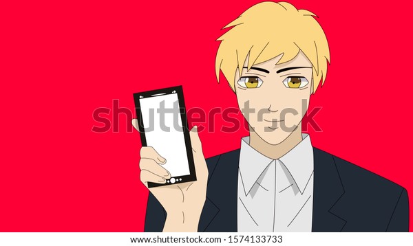 Anime Boy Holding Phone Hand Blonde Stock Illustration 1574133733