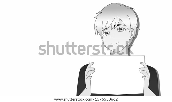 Anime Boy Holding Sign Hand Cartoon Stock Illustration