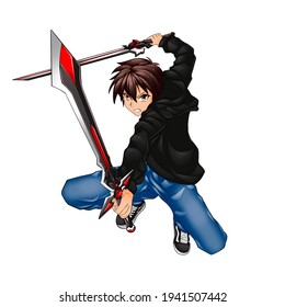 Anime boy wear black hoodie with two swords