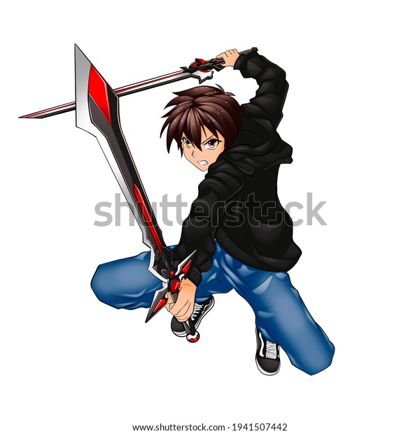 Anime boy wear black hoodie with two swords