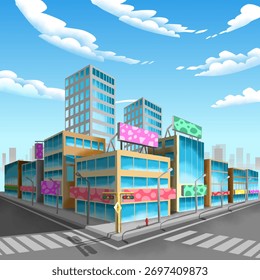 Anime cityscape created using digital hand drawn techniques.