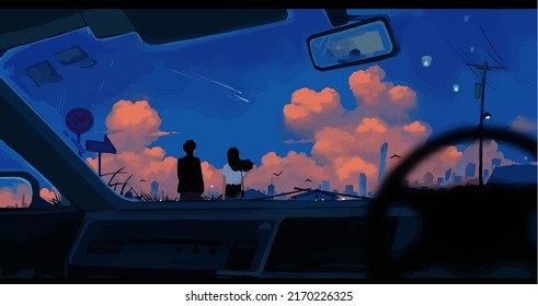 Anime Couple Enjoying The Beautiful Nature With Clouds Digital Art, Painting, 3d Illustration