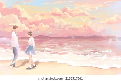 
Anime Couple In The Ocean Digital Art, Painting, 3d Illustration