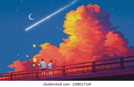 Anime Couple Watching The Falling Comet Digital Art, Painting, 3d Illustration