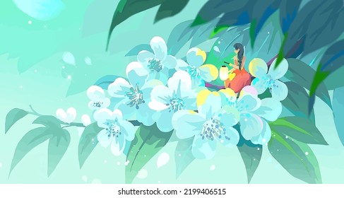 Anime Fairy Girl Sitting On Flowers Digital Art, Painting, 3d Illustration