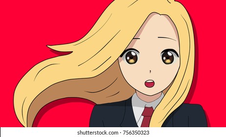 Anime Girl Blonde Hair Teenage in a Japanese High School Uniform with Beautiful Eyes Manga Art
