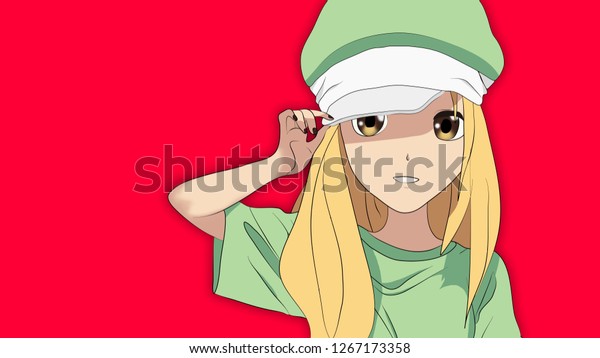 anime girl blonde hair wearing cap stockillustration 1267173358