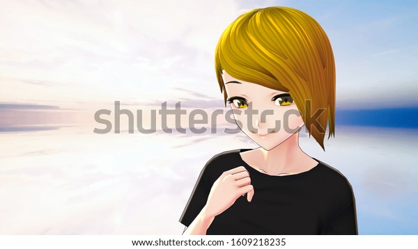 Anime Girl Cartoon Character Blonde Hair Stock Illustration