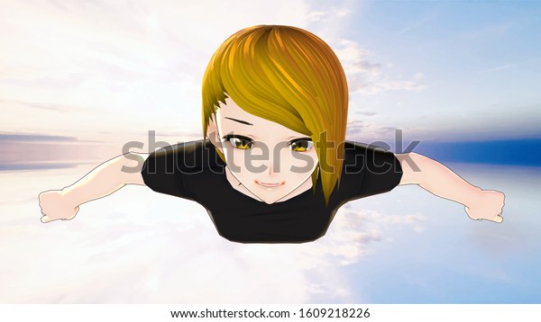 Anime Girl Cartoon Character Flying Blonde Stock Illustration