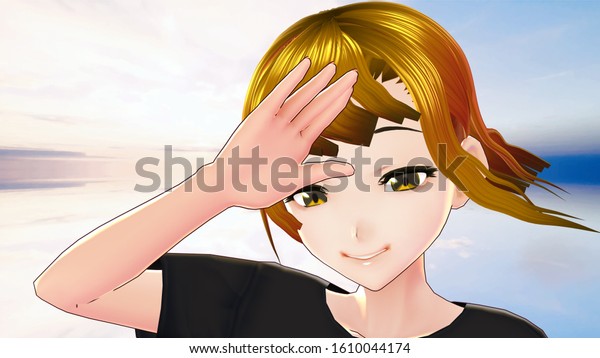 anime girl cartoon character salute blonde stockillustration