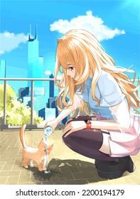 Anime Girl Feeding Her Cat In Street Under Blue Cloud Sky Aesthetic Wonderful Day Painting 