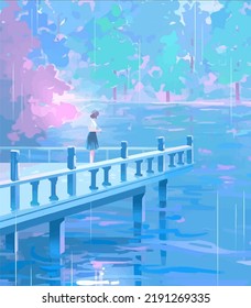 Anime Girl Standing Alone In Rain Digital Art, Painting, 3d Illustration