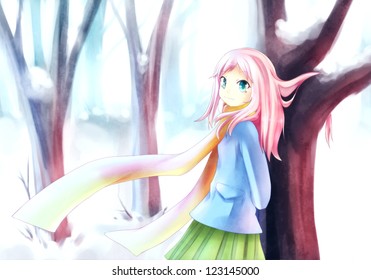 Anime Girl Standing In A Snowy Forest During Winter