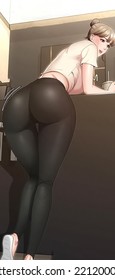 An Anime Girl Wearing A Bodysuit Is Leaning On The Table. She Has A Perfect Thigh Gap. 2D Illustration Art. Digital Painting. High Quality.