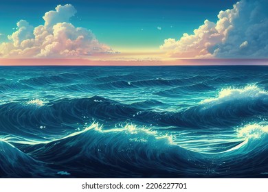 Anime Landscape Illustration With Waves, Shining Waves, Concept Art