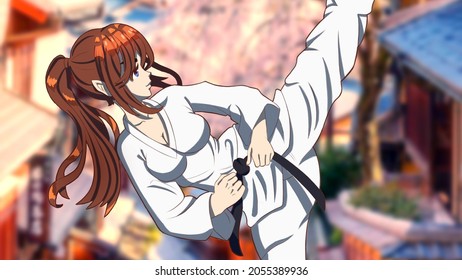 Anime Manga Attractive Cute Karate Girl With Big Breasts Focuses On Kicking In The Air Wearing A Kimono And A Black Belt Her Hair Is Gathered In A Ponytail HD Wallpaper Format