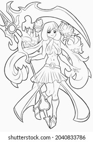 Anime manga cute girl  warrior reaper and huge scythe flying around the skull she is an angel    the work is done by lines  2d illustration