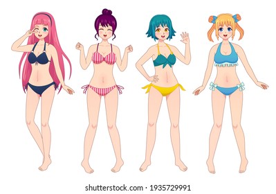 Anime manga girls in bikini. Group of kawaii female japanese comic characters in swimsuits. Beach woman winks, waving and smiles  set