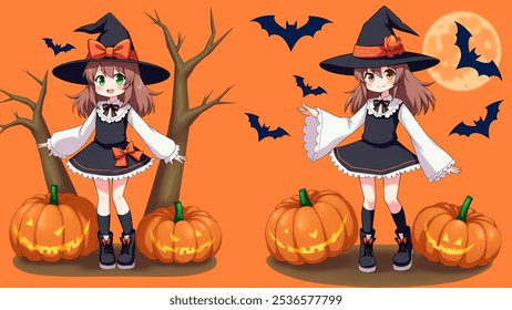 Anime nice girl enjoying halloween holiday with pumpkins and bats in orange background - Powered by Shutterstock