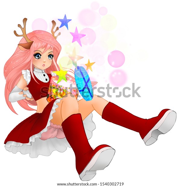 anime style girl christmas dress magic stock illustration