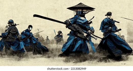 Anime Style, Japanese Samurai Army Fighting With Enemy, Large Scene, Battlefield, In Japanese Black Outline Style And Colors