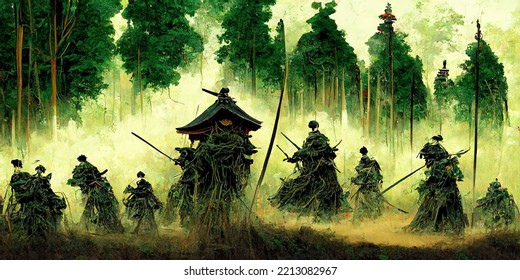 Anime Style, Japanese Samurai Army Fighting With Enemy, Large Scene, Battlefield, In Japanese Black Outline Style And Colors